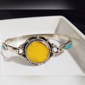TURQUOISE AND YELLOW COPAL CUFF BANGLE BRACELET TIBETAN SILVER 6-6.25